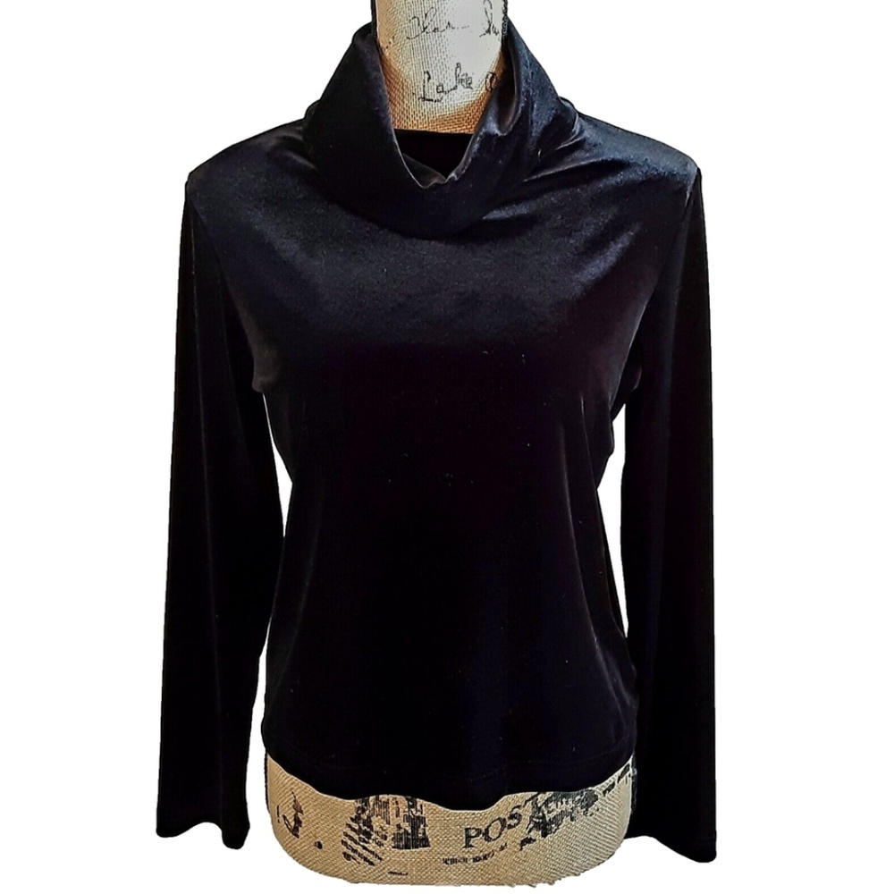 Women's Black Velvet Small Cowl Neck Long Sleeve Pullover Top Sz S